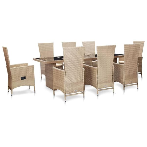 vidaXL udendørs spisebordssæt 9 dele med hynder polyrattan beige