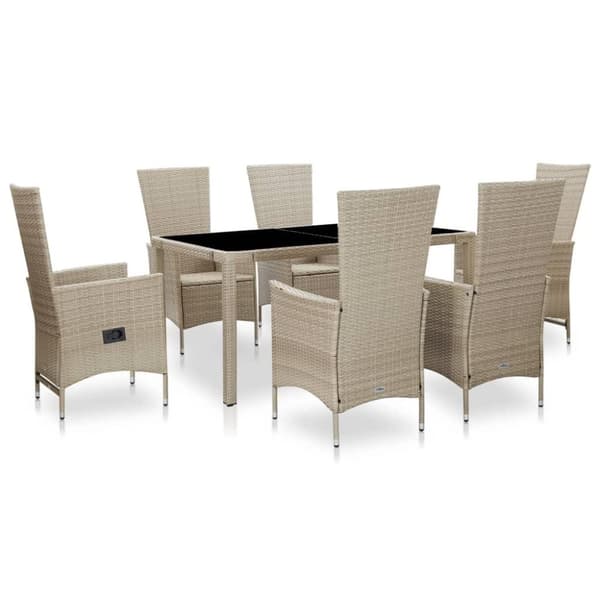 vidaXL udendørs spisebordssæt 7 dele med hynder polyrattan beige
