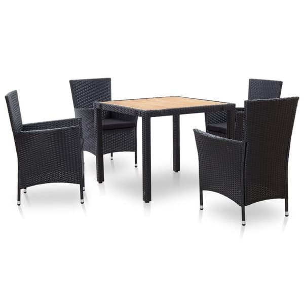 vidaXL udendørs spisebordssæt 5 dele med hynder polyrattan sort