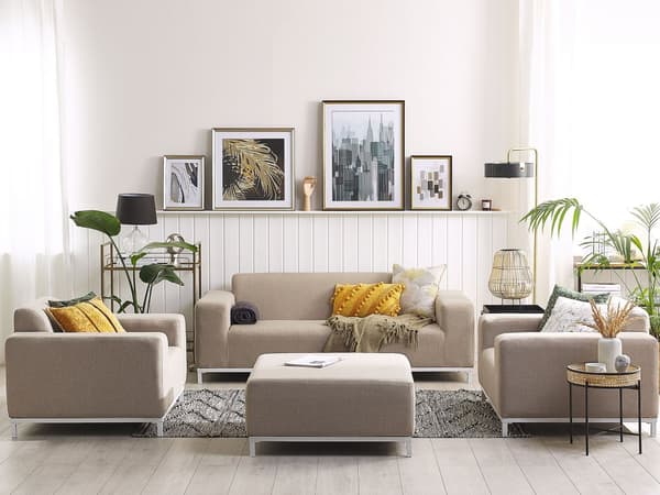Loungesæt Beige Polyester 5 Personers Moderne Sofasæt Udendørs Nonwood Vedligeholdelsesfri Havemøbler Quickdry Skum Vandtætte Hynder til Have