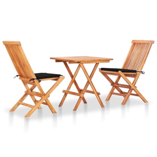 vidaXL Caféset 3 delar med svarta dynor massiv teak