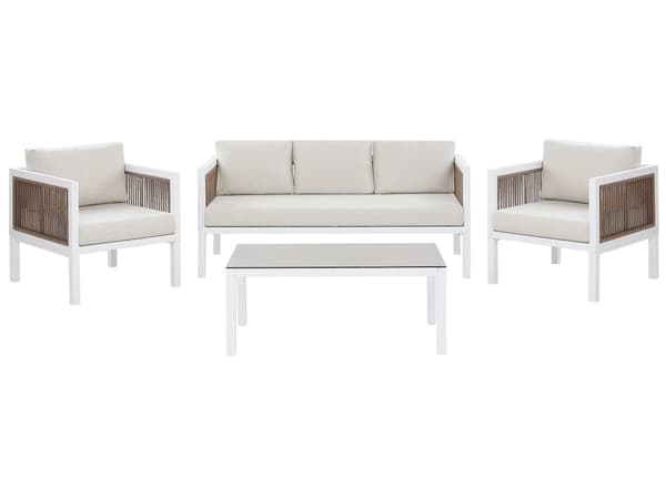 Loungesæt Hvid Polyester Aluminium og Hærdet Glas 3 Personers med Lounge Lænestole Sæt Aftagelige Betræk Vandafvisende Altan Terrasse Udendørs