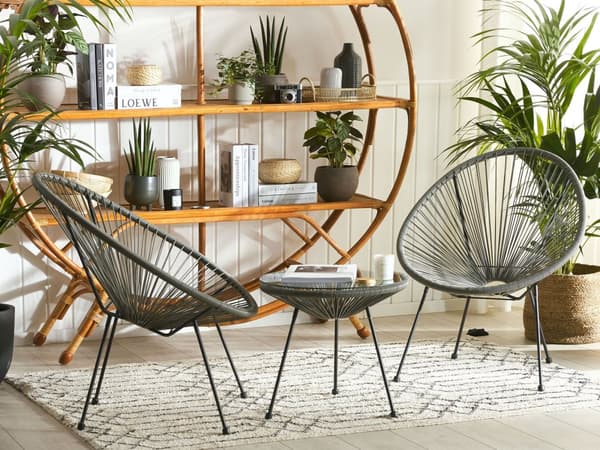 Havestole Grå Rattan Sort Pulverlakerede Stålben sæt 70 x 90 cm Udendørs Altan Stabelbar Lounge med Sidebord Retro Rund Flet Moderne Design