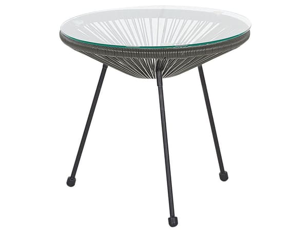 Havestole Grå Rattan Sort Pulverlakerede Stålben sæt 70 x 90 cm Udendørs Altan Stabelbar Lounge med Sidebord Retro Rund Flet Moderne Design
