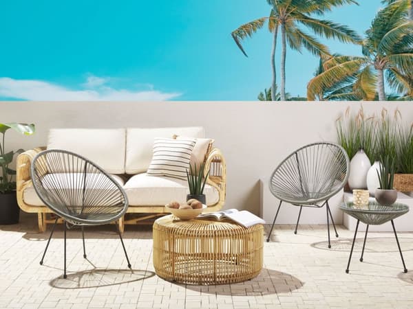 Havestole Grå Rattan Sort Pulverlakerede Stålben sæt 70 x 90 cm Udendørs Altan Stabelbar Lounge med Sidebord Retro Rund Flet Moderne Design