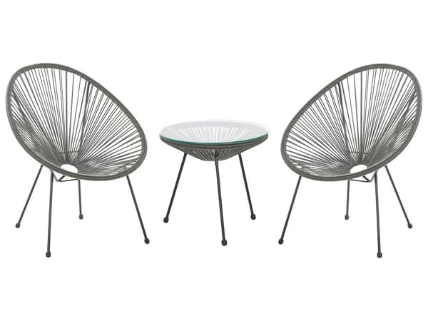 Havestole Grå Rattan Sort Pulverlakerede Stålben sæt 70 x 90 cm Udendørs Altan Stabelbar Lounge med Sidebord Retro Rund Flet Moderne Design