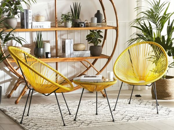 Havestole Gul Rattan Sort Pulverlakerede Stålben sæt 70 x 90 cm Udendørs Altan Stabelbar Lounge med Sidebord Retro Rund Flet Moderne Design