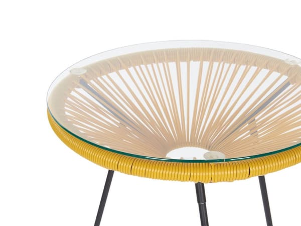 Havestole Gul Rattan Sort Pulverlakerede Stålben sæt 70 x 90 cm Udendørs Altan Stabelbar Lounge med Sidebord Retro Rund Flet Moderne Design