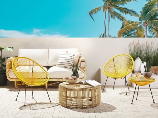 Havestole Gul Rattan Sort Pulverlakerede Stålben sæt 70 x 90 cm Udendørs Altan Stabelbar Lounge med Sidebord Retro Rund Flet Moderne Design