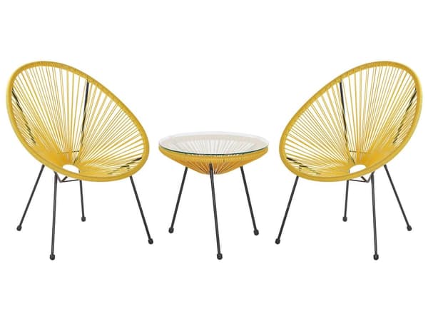 Havestole Gul Rattan Sort Pulverlakerede Stålben sæt 70 x 90 cm Udendørs Altan Stabelbar Lounge med Sidebord Retro Rund Flet Moderne Design