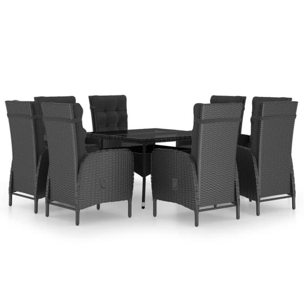 vidaXL Matgrupp för trädgården 9 delar konstrotting och glas svart