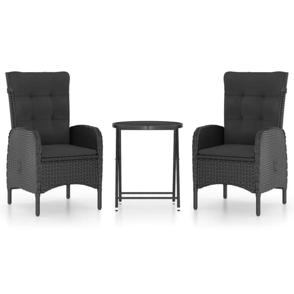 vidaXL Caféset för trädgården 3 delar konstrotting och glas svart