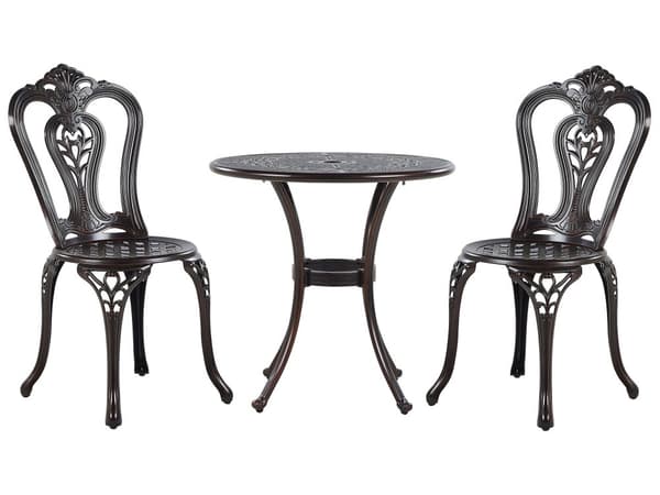 Balkongset Brun Aluminium Trädgård Utomhus 2 Stolar och Bord Runt 65 cm Vintage