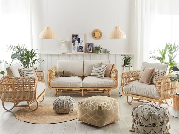 Ulkosohvaryhmä luonnonväri rottinki 2 hengelle sohva nojatuoli puuvilla pehmusteet boho tyyli