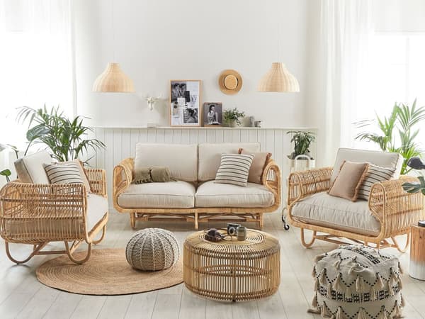 Ulkosohvaryhmä luonnonväri rottinki 3 hengelle sohva nojatuoli puuvilla pehmusteet boho tyyli