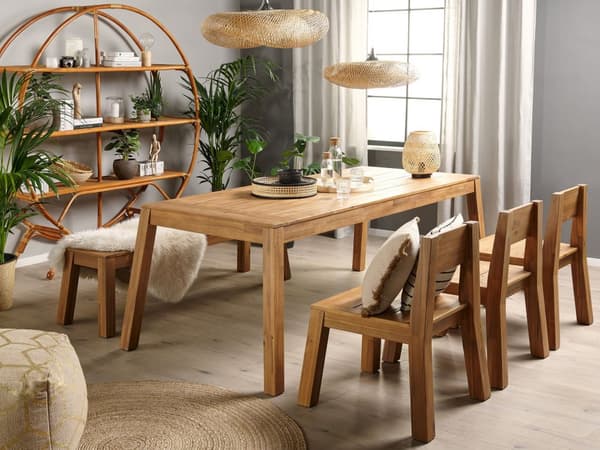Have Spisestuesæt 5 Stykker Lyst Lamineret Akacietræ Rektangulært Bordbænk 3 Stole Rustik Moderne Design