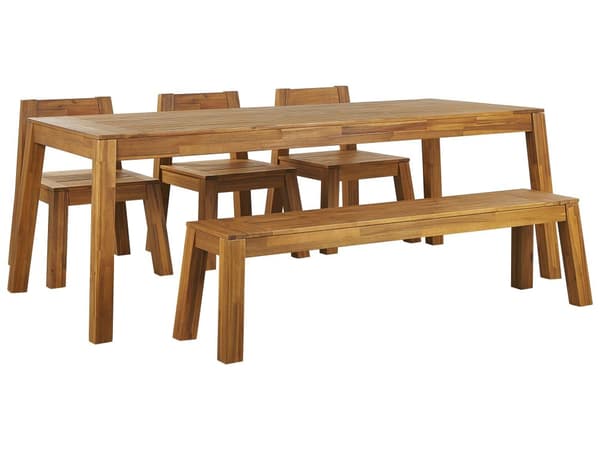 Have Spisestuesæt 5 Stykker Lyst Lamineret Akacietræ Rektangulært Bordbænk 3 Stole Rustik Moderne Design