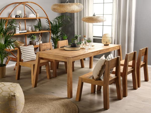Have Spisestuesæt 7 Dele Lys Lamineret Akacietræ Rektangulært Bord 6 Stole Indendørs Udendørs Rustik Moderne Design