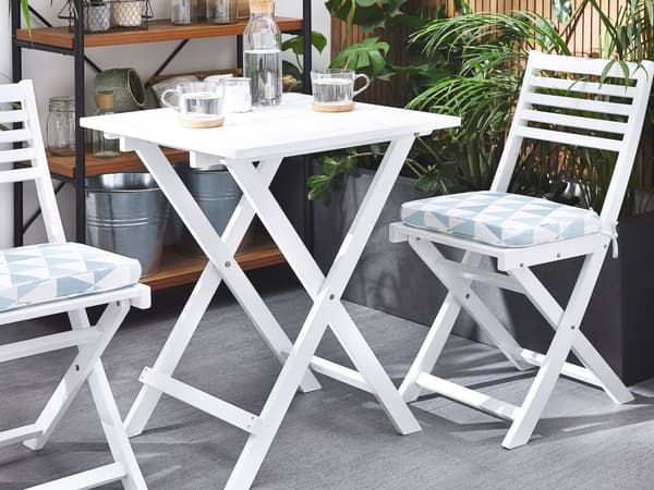 Cafesæt Hvid Akacietræ 60 x 60 x 75 cm Små Klapstole Sammenklappeligt Klapbord til Altan Terrasse Have med Hynder Fold ud Funktion Udendørs