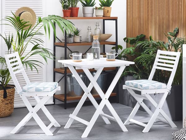 Cafesæt Hvid Akacietræ 60 x 60 x 75 cm Små Klapstole Sammenklappeligt Klapbord til Altan Terrasse Have med Hynder Fold ud Funktion Udendørs