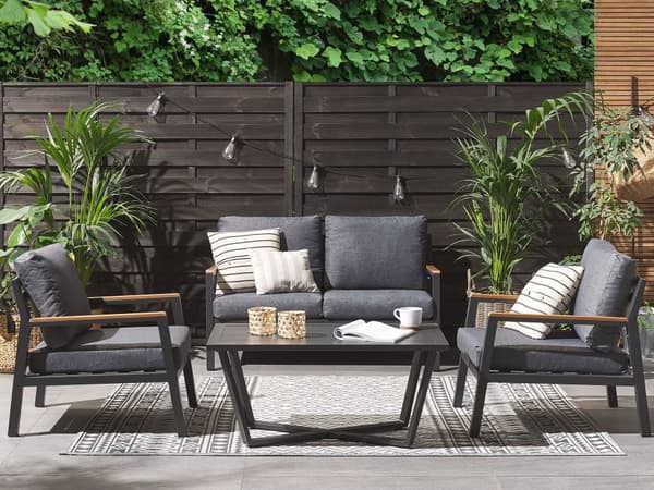 Loungesæt Sort Grå Aluminium og Stof 4 personers Dekorative Udendørs Sofa Lænestole Armlæn med Træplast Sofabord til Terrasse Haven