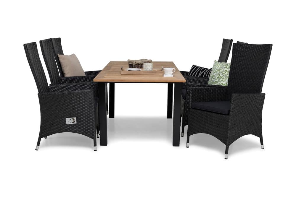 REDDING Bord 152 + 6 JENNIE Fåtölj Svart/Teak + dyna Grå