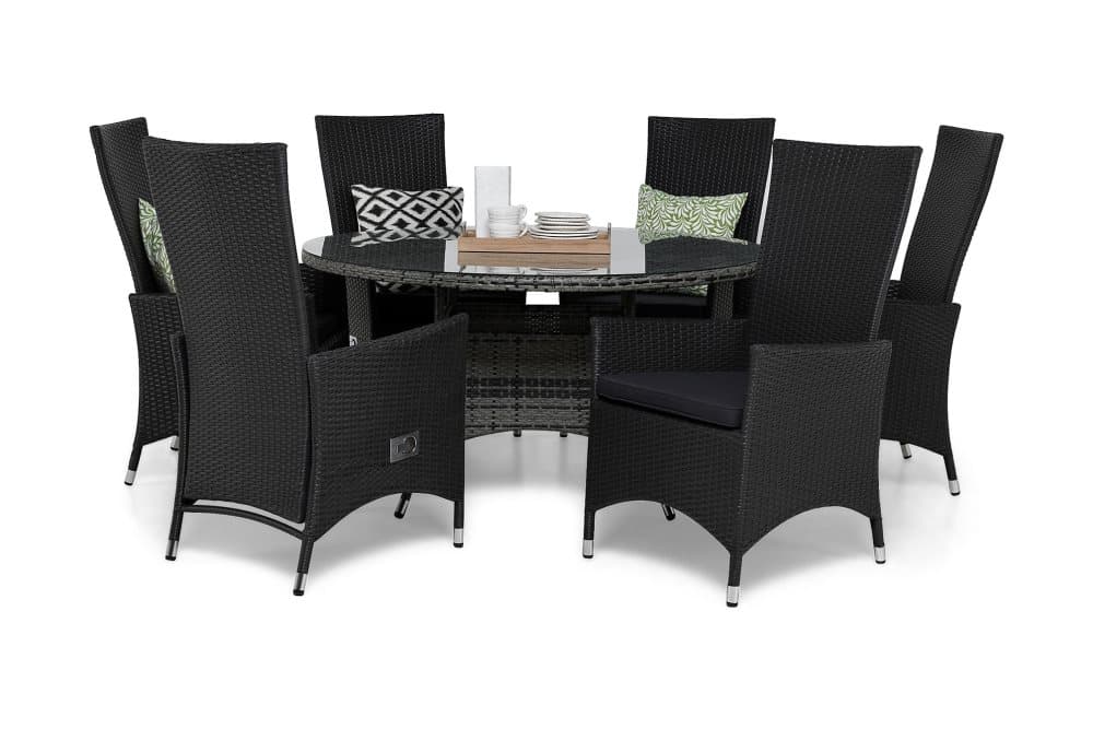 THOR Bord 140 Grå + 6 JENNIE Fåtölj Svart + dyna Grå