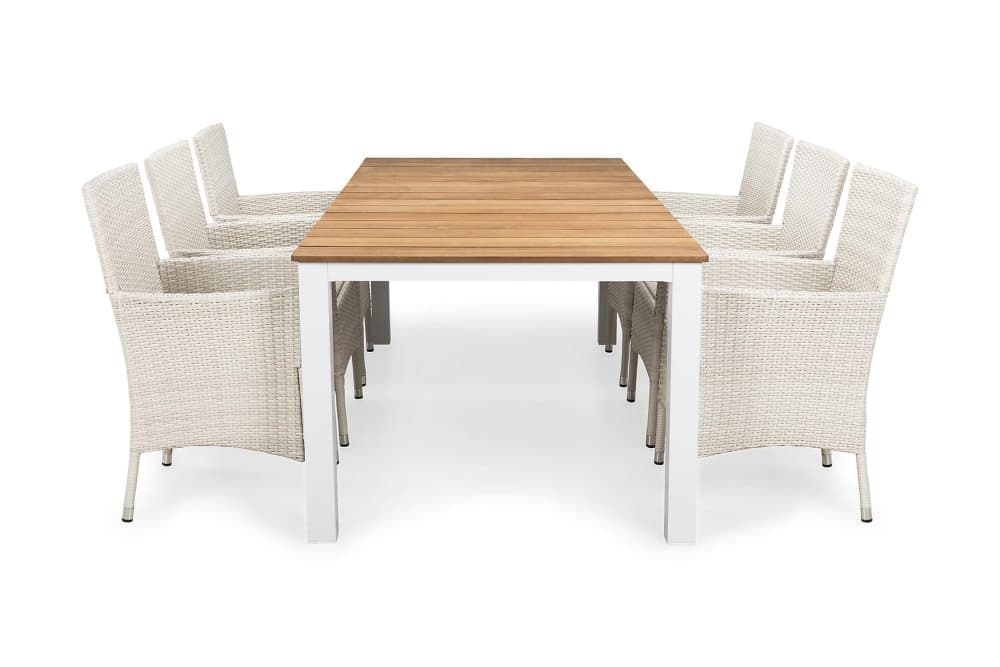 OLIVER Bord 210 Vit/Teak + 6 THOR Fåtölj Vit