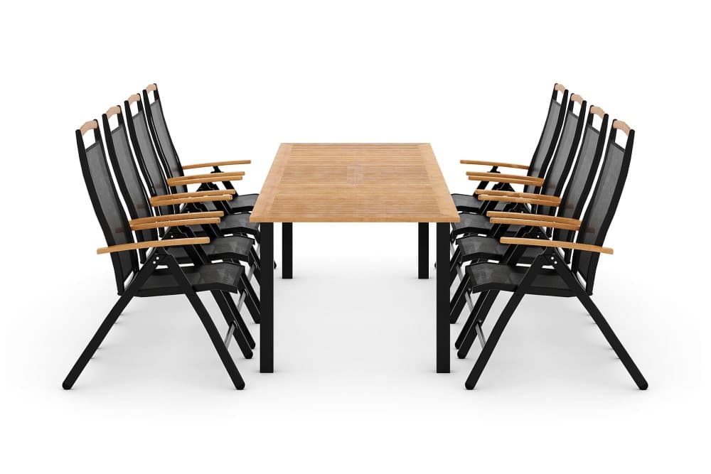 LAS VEGAS Bord 220-280 + 8 Positionsstolar Svart/Teak