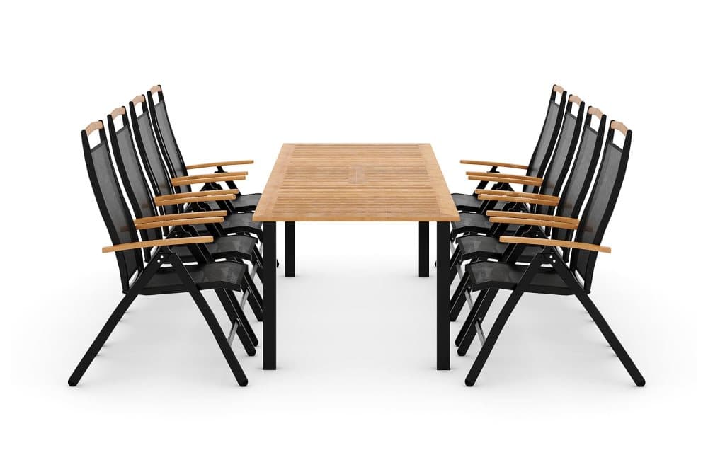 REDDING Bord 220/280 + 8 fåtöljer Lyx Svart/Teak