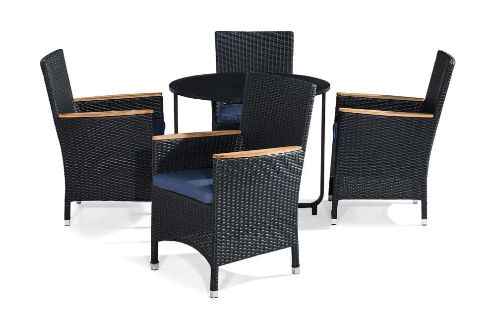 FLIPPY Bord 90 Runt Svart + 4 THOR LYX Fåtölj Teak Dyna Blå