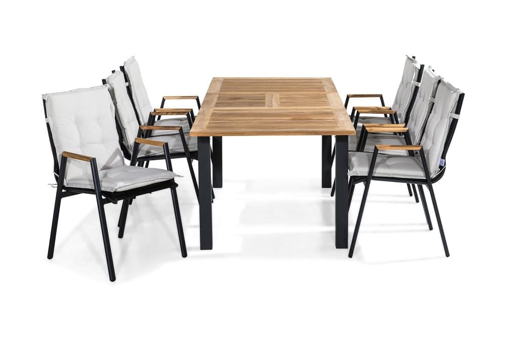 LAS VEGAS Bord 152-210x90 Svart + 6 Stolar Teak m Dyna Vit