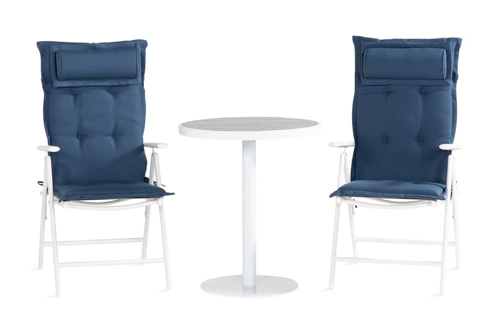 TUNIS Caféset 70x70 Vit/Grå + 2 MAGGIE Stol Vit/Grå Dyna Blå