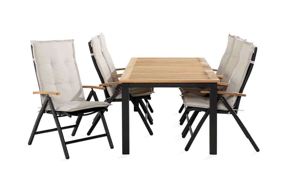LAS VEGAS Bord 152-210x90 Svart + 6 Stolar Teak m Dyna Vit
