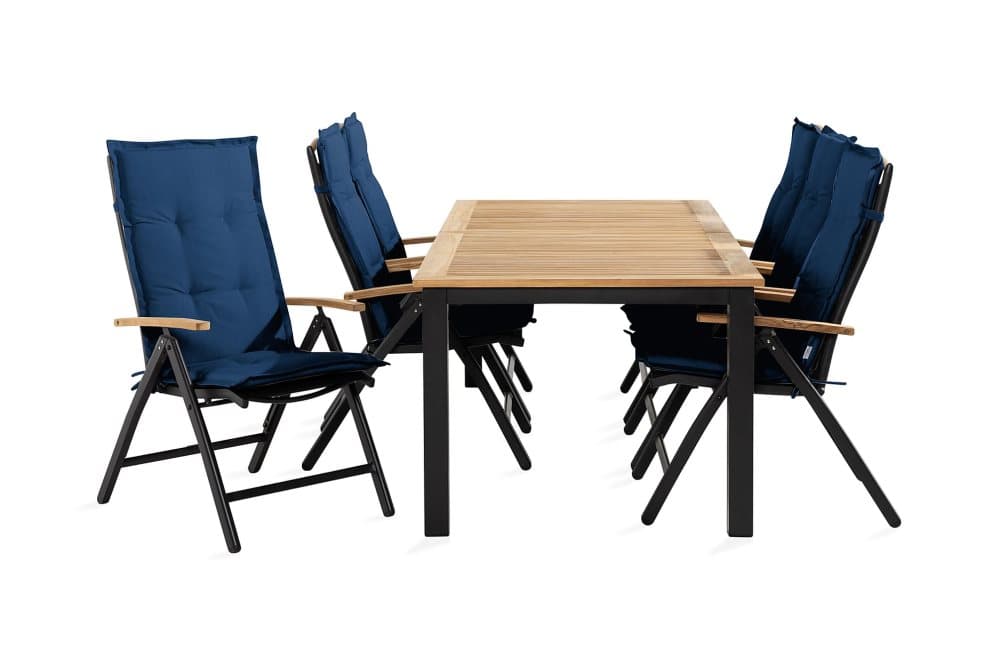 LAS VEGAS Bord 152-210x90 Svart + 6 Stolar Teak m Dyna Blå