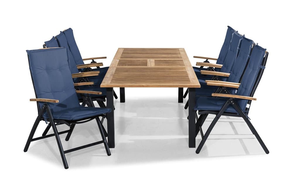 LAS VEGAS Bord 220-280x100+ 8 Stolar Teak m Dyna Blå