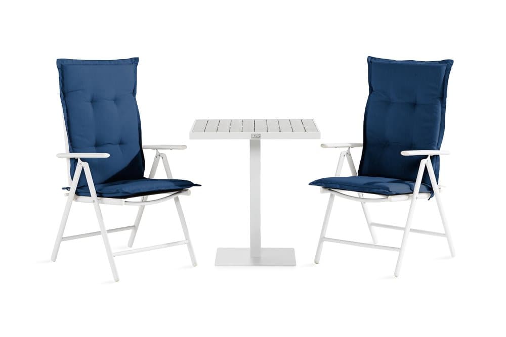 TUNIS Cafébord 70 Vit/Grå + 2 MAGGIE Stol Vit/Grå m Dyna Blå