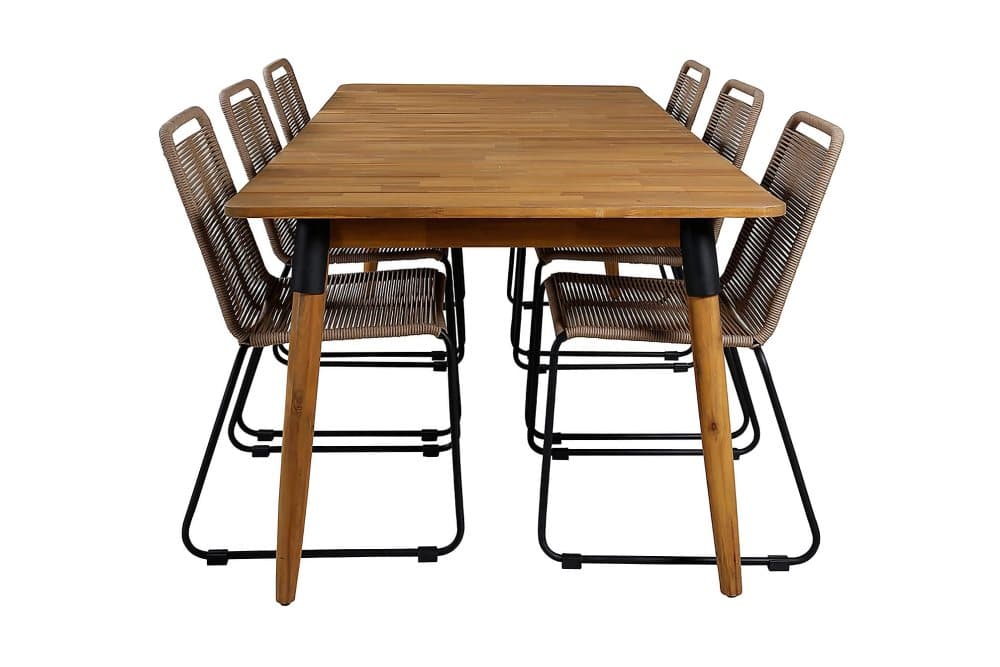 JUNGELA Bord 210 cm Akacia+6 LINERO Stapelstolar Svart/Brun