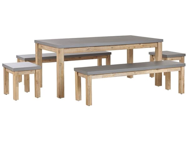 Trädgårdsmöbelset Grå Betong Imitation Ljust Akaciaträ 8-sits Bord 2 Stolar och 2 Bänkar Modern Industriell Design