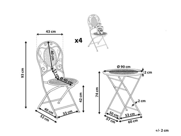 Have spisestue sæt råhvidt jern Sammenklappeligt 4 personers mønstret metal 4 stole bord udendørs UV rust modstand fransk retro stil