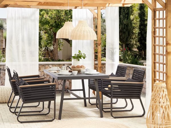 Havemøbelsæt Sort Stål Glas 150x90 cm 4 Personers Flettet Havestole Moderne Bord Udendørs Terrasse Industrielt Havemøbel Vedligeholdelsesfrit