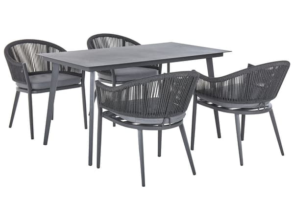 Have Spisestue Sæt 4 Personers Grå Metal Aluminium Mat Finish Udendørs Bord 4 stole Hynder Moderne Stil