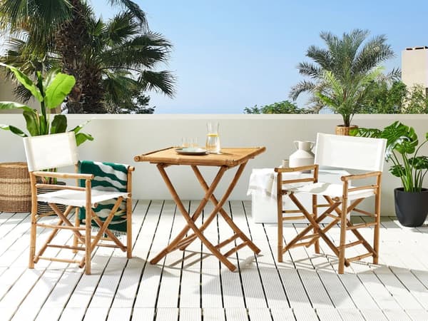 Instruktørstole Hvid Polyester Lyst Bambustræ Sæt 2 stk Udendørs Sammenklappelige Klapstole Havebord Design Foldbar Havemøbler Terrasse Dekor