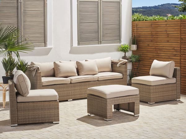 Udendørs Havesæt Beige Lysebrun PE Rattan Sofa med Baldakin og Hynder Stole Moderne Design