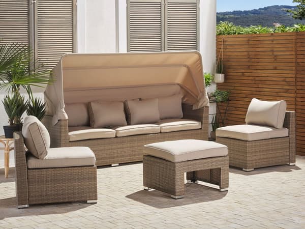 Udendørs Havesæt Beige Lysebrun PE Rattan Sofa med Baldakin og Hynder Stole Moderne Design