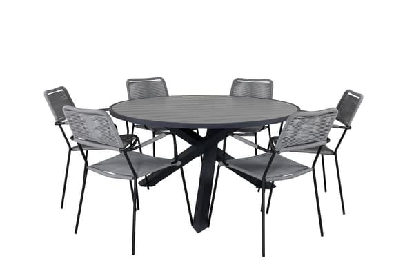 Parma Spisebordssæt Ø140cm + 6 Lindos Armstole Sort/Grå