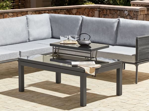 Trädgård 6-sits Hörnsoffa Set Svart Aluminiumram med Grå Kuddar och Soffbord Glansig Yta Utomhus
