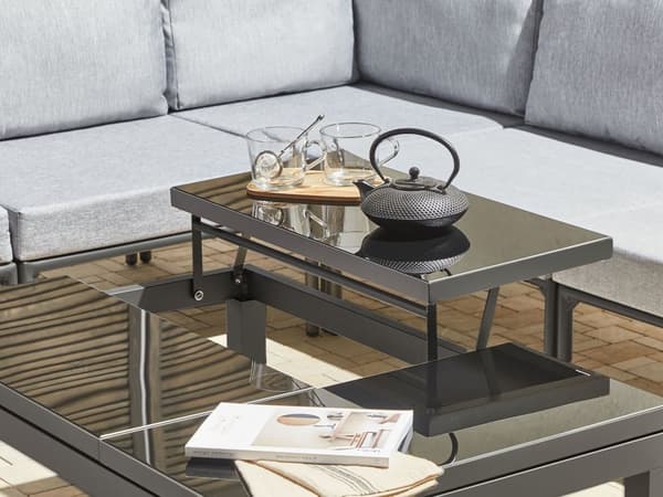 Trädgård 6-sits Hörnsoffa Set Svart Aluminiumram med Grå Kuddar och Soffbord Glansig Yta Utomhus