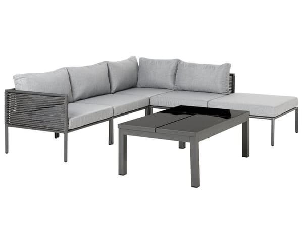Trädgård 6-sits Hörnsoffa Set Svart Aluminiumram med Grå Kuddar och Soffbord Glansig Yta Utomhus