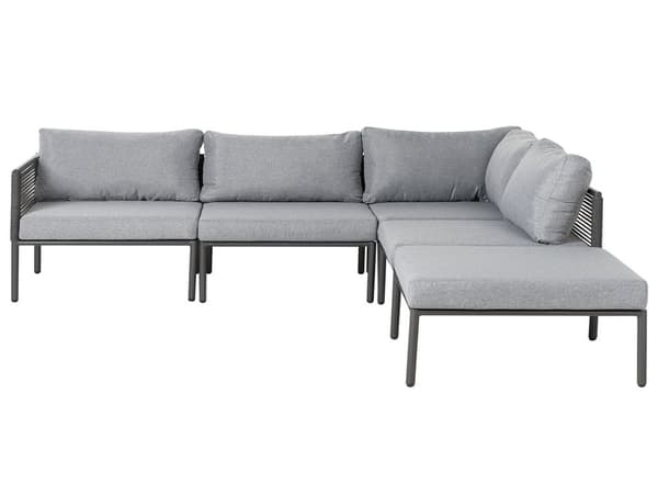 Trädgård 6-sits Hörnsoffa Set Svart Aluminiumram med Grå Kuddar och Soffbord Glansig Yta Utomhus